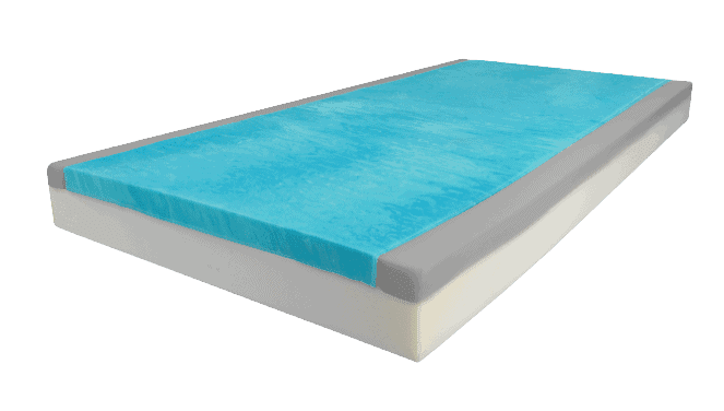 a foam mattress with a blue cover.