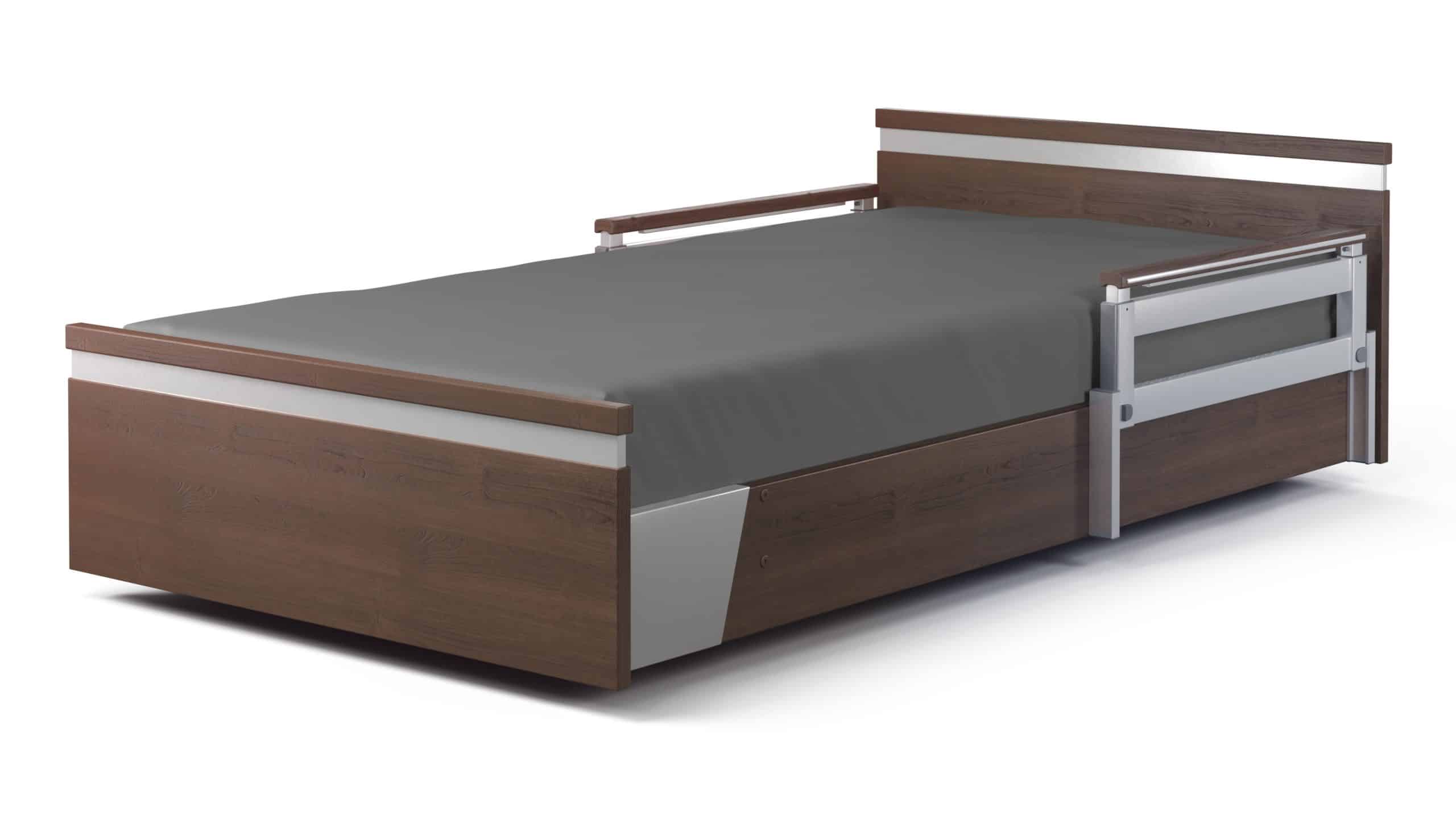 a bed with a wooden headboard and foot board.