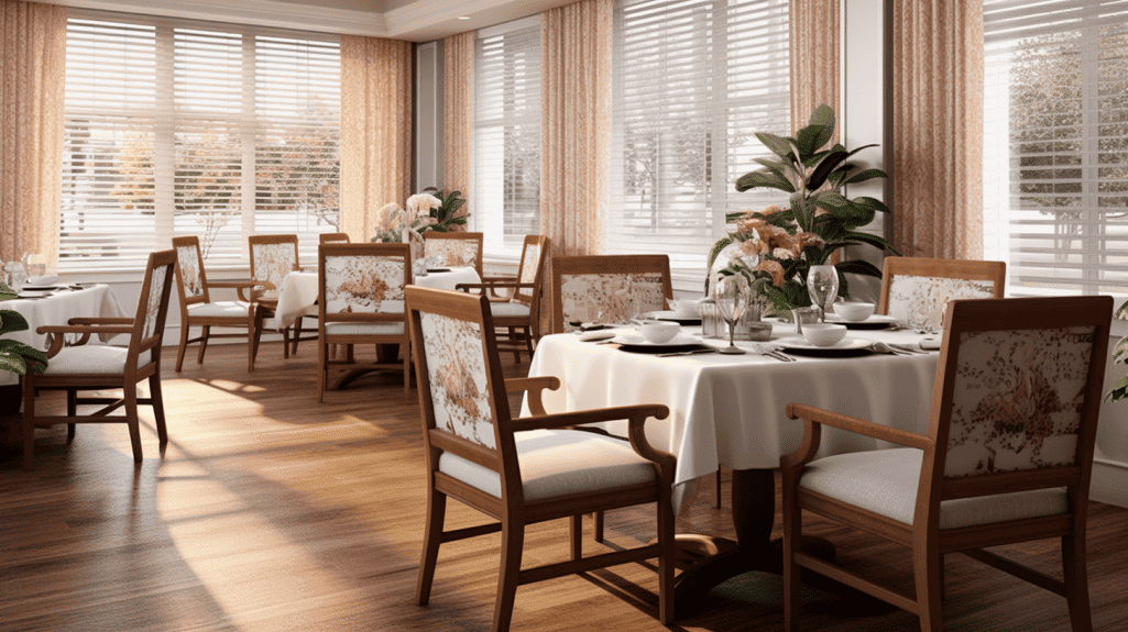 3D rendering of a nursing home dining room.