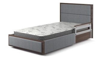 Aura Platinum 39-inch home hospital bed with gray fabric headboard, footboard, and side panels