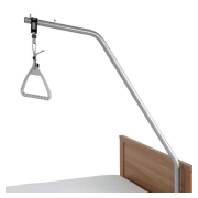 Over-bed hospital table with adjustable triangular grip handle, #15395.