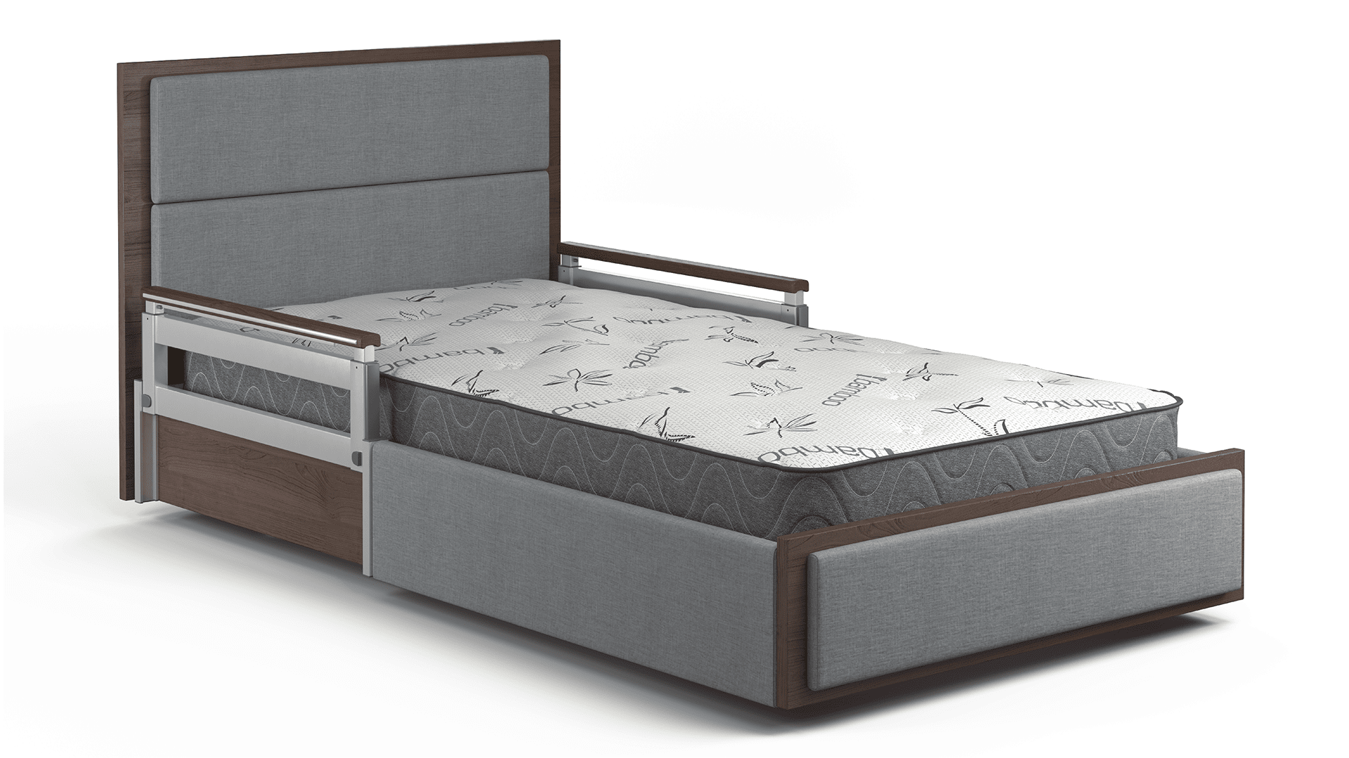 A hospital bed with adjustable side rails and a patterned AuraPLAT39 mattress, set against a white background.