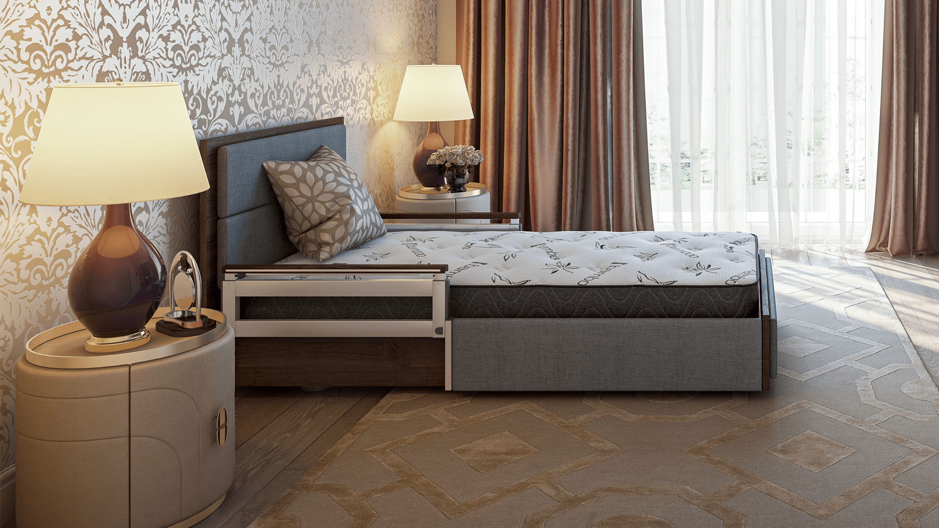 Elegant bedroom interior with a patterned wallpaper, blue upholstered bed, wooden flooring, and soft lighting from table lamps.