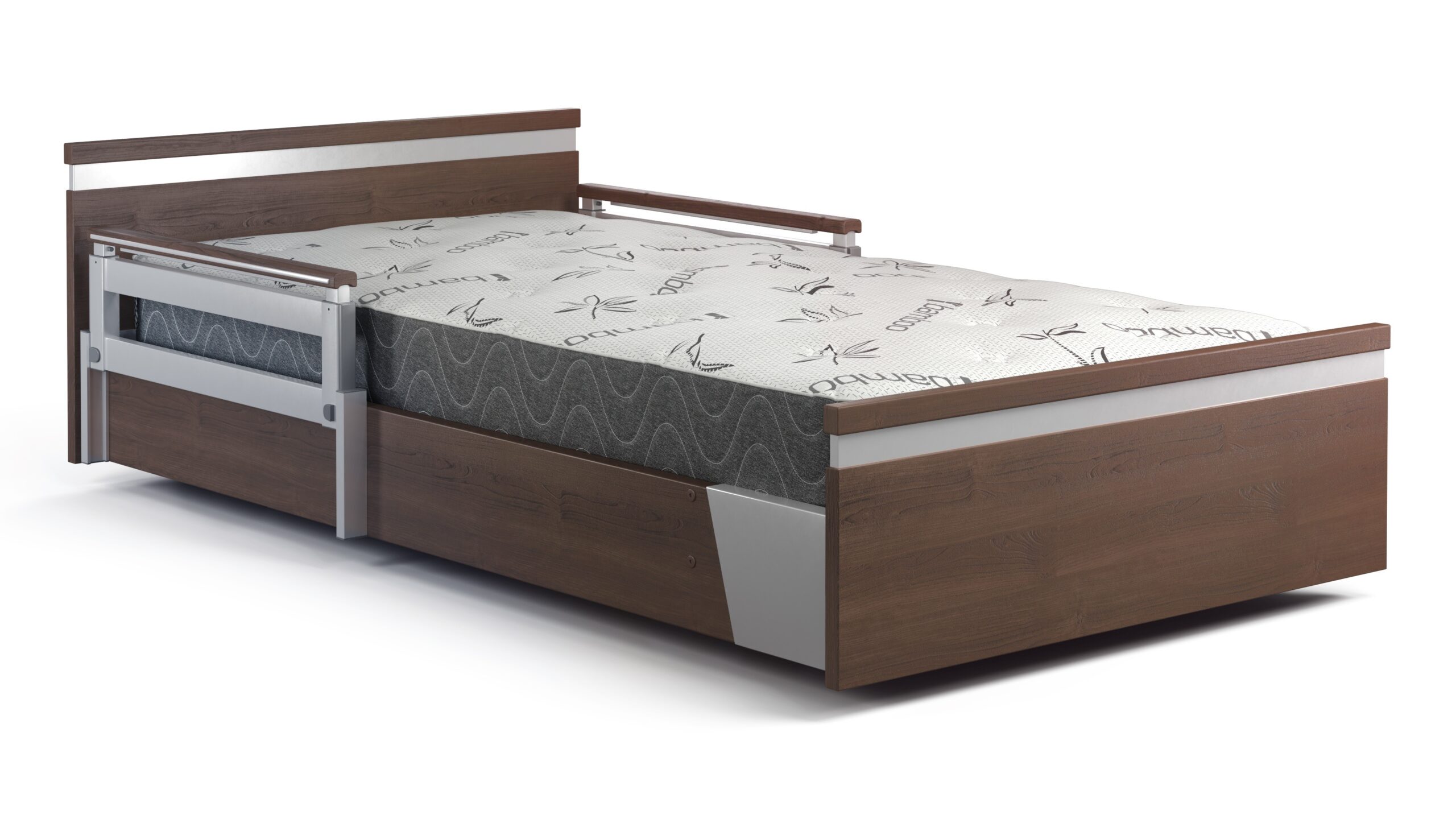 A new locally-made single wooden hospital bed with metal rails on the sides, featuring a white mattress with a patterned design, will be available in May 2024.