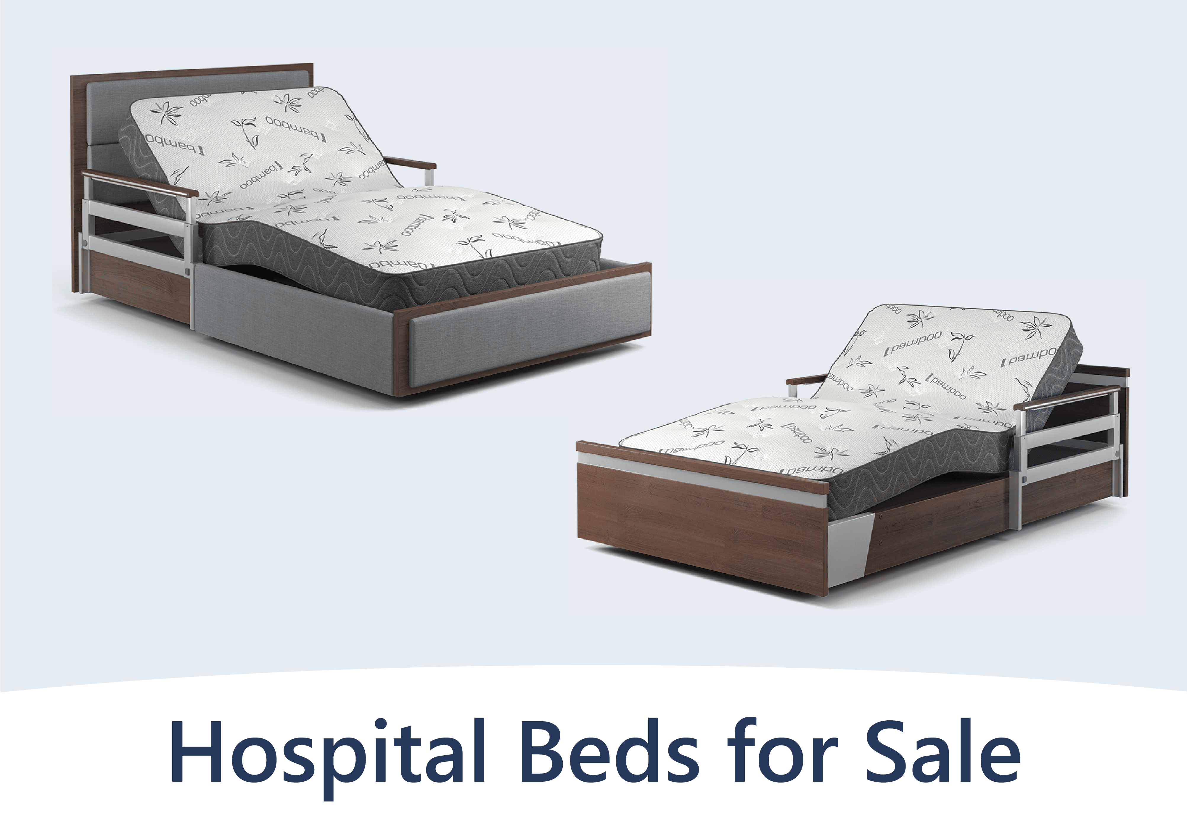 Two adjustable hospital beds with grey and white mattresses on display. At the bottom of the image, you'll find the text "Hospital Beds for Sale" prominently featured.