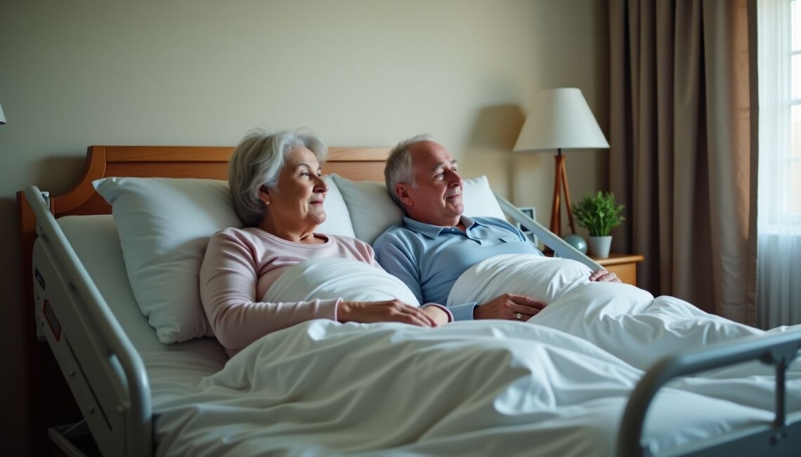 An older couple adjusts their medical-style bed for comfort in their cozy bedroom.