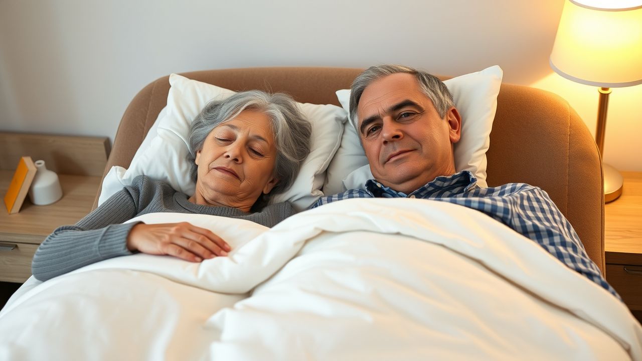 An older couple lying in bed; the woman is asleep, while the man is awake, resting his head on the pillow, under a white blanket, with a lamp on the bedside table illuminating the scene.