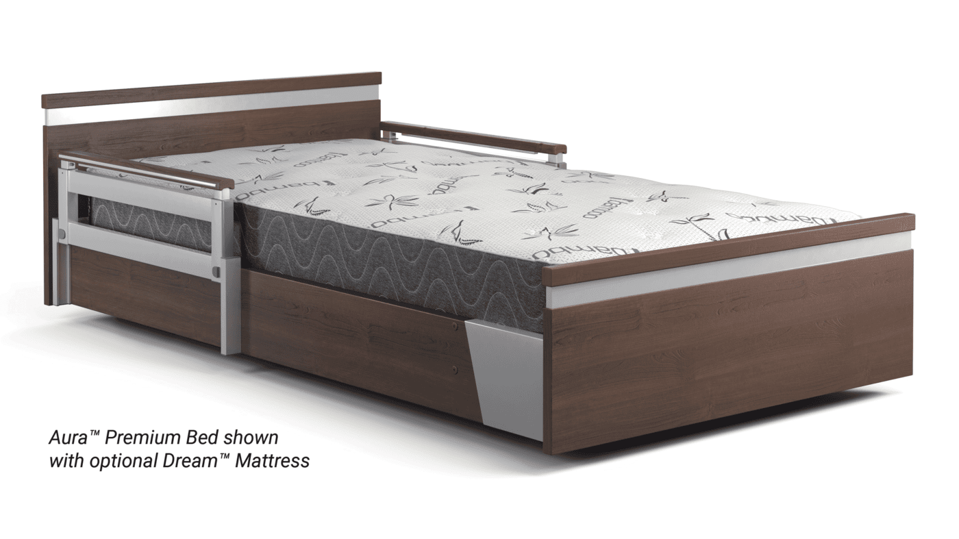 The Aura Premium Bed, shown with the optional Dream Mattress, is a wooden bed frame with a modern design in light and dark brown tones and silver accents, perfect for bringing a touch of city sophistication to any room.