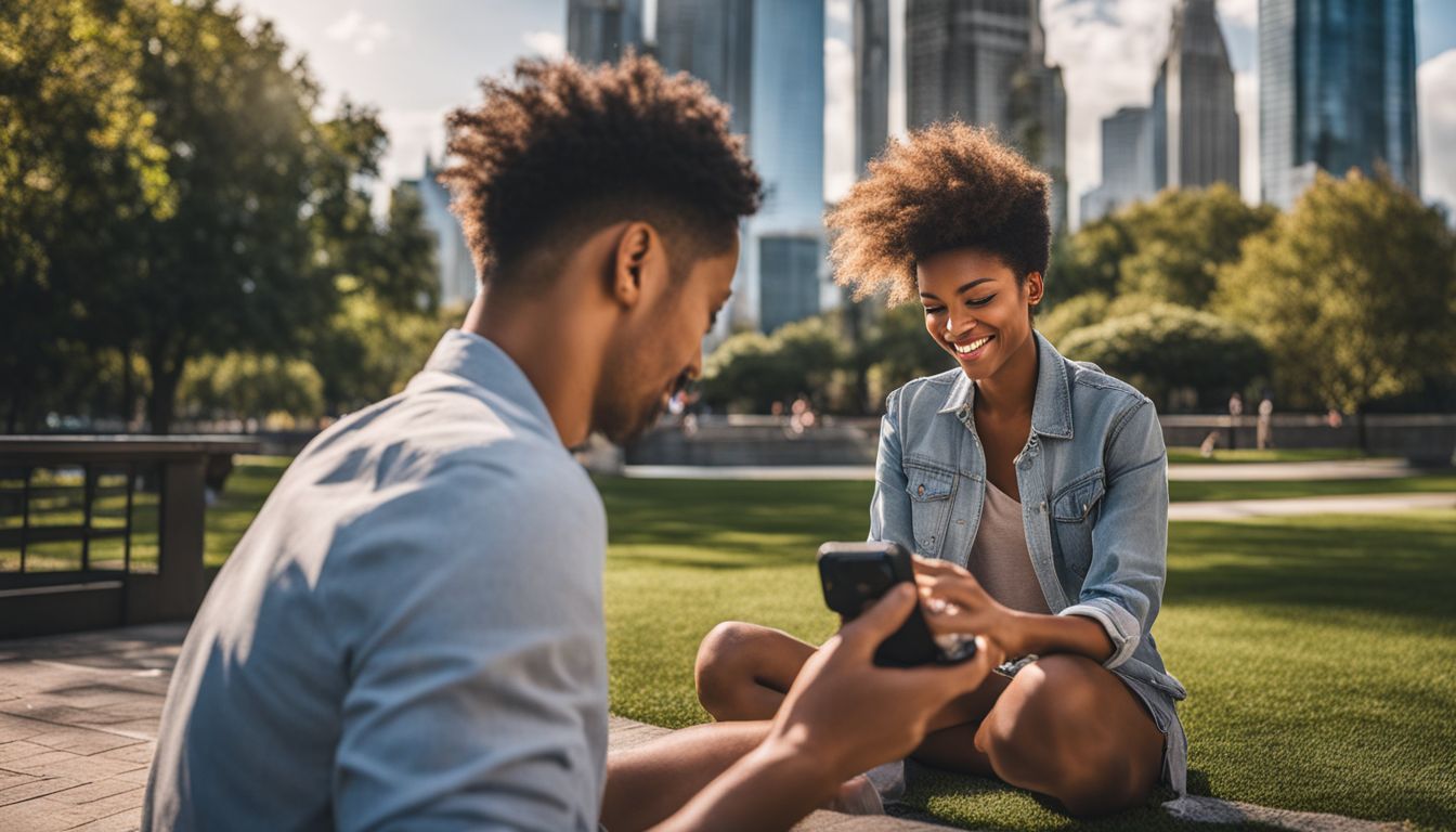 A person playing a mobile game in a peaceful park with city views.