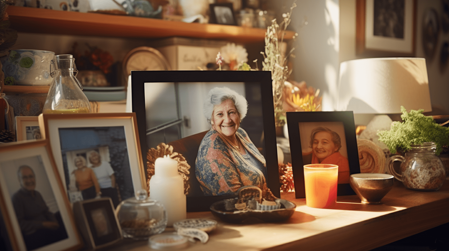 A photo of a woman sitting on a table next to a personalized vase.