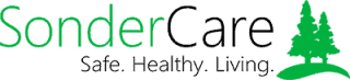 a black and green sign that says sander care safe baby living.