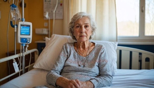 A woman with gray hair sits in a hospital bed, connected to an IV drip. She is wearing a gray long-sleeve shirt, and the room is lit by natural light from a window. How do you get a bedridden patient out of a hospital bed in this peaceful setting?