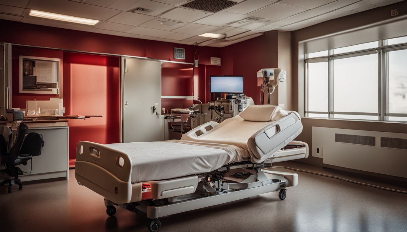 A hospital bed remote control with a red light indicator. A hospital bed remote control with a red light indicator.