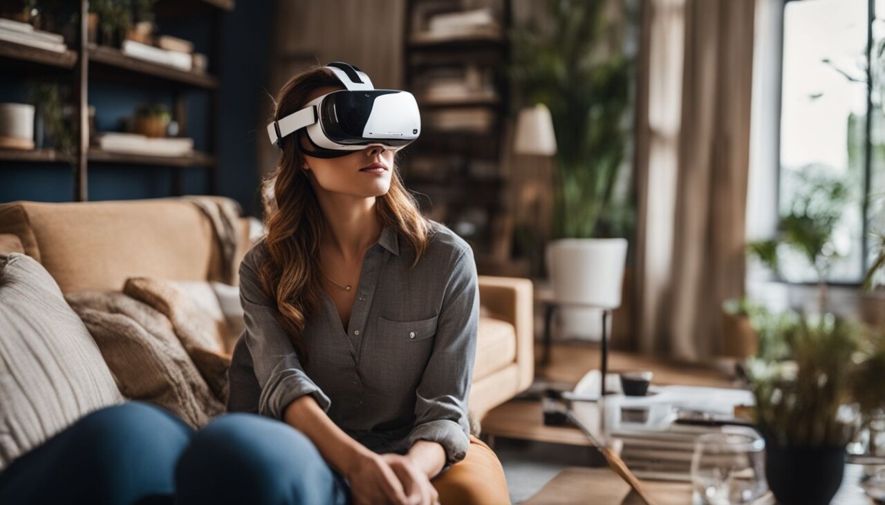 A person enjoys a virtual reality game in a cozy living room. A person enjoys a virtual reality game in a cozy living room.