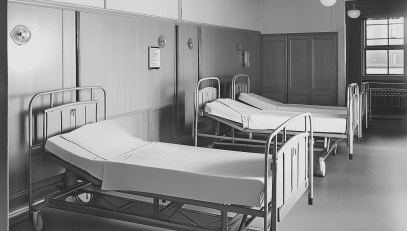 A hospital room with three empty beds, each equipped with white sheets and metal frames. The room has wooden panel walls, a window allowing natural light, and makes one ponder: Are home hospital beds as comfortable as a normal bed?