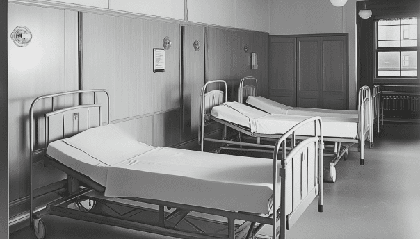 A hospital room with three empty beds, each equipped with white sheets and metal frames. The room has wooden panel walls, a window allowing natural light, and makes one ponder: Are home hospital beds as comfortable as a normal bed?