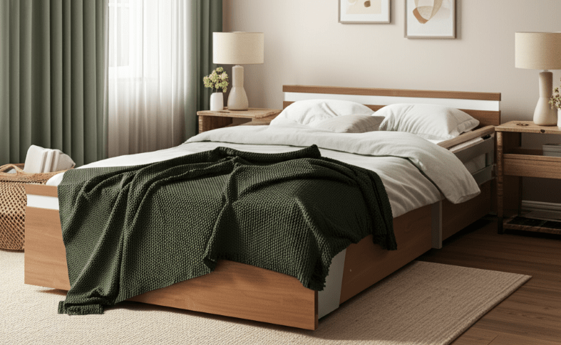 A neatly made bed with white linens and a green throw blanket invites relaxation in this cozy bedroom. Wooden side tables, lamps, and framed wall art complete the scene, creating a serene space perfect for any age—including exploring what is the best bed for a 100-year-old.