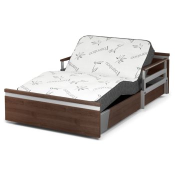 Aura Premium 48″ Wide Hospital Bed Featured Image Tilted A wide 48" bed with a wooden frame and a SonderCare. Aura™ Wide Hospital Bed – Extra Wide Home Hospital Bed – Large Hospital Bed For Home with mattress.