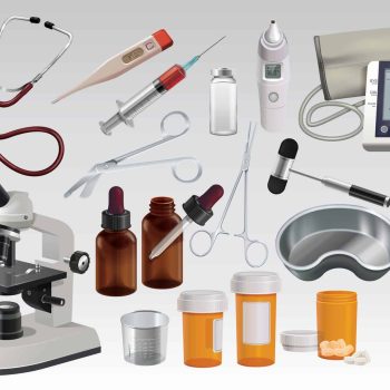 a collection of medical items including a microscope, a stethoscope, a. a collection of medical items including a microscope, a stethoscope, a.