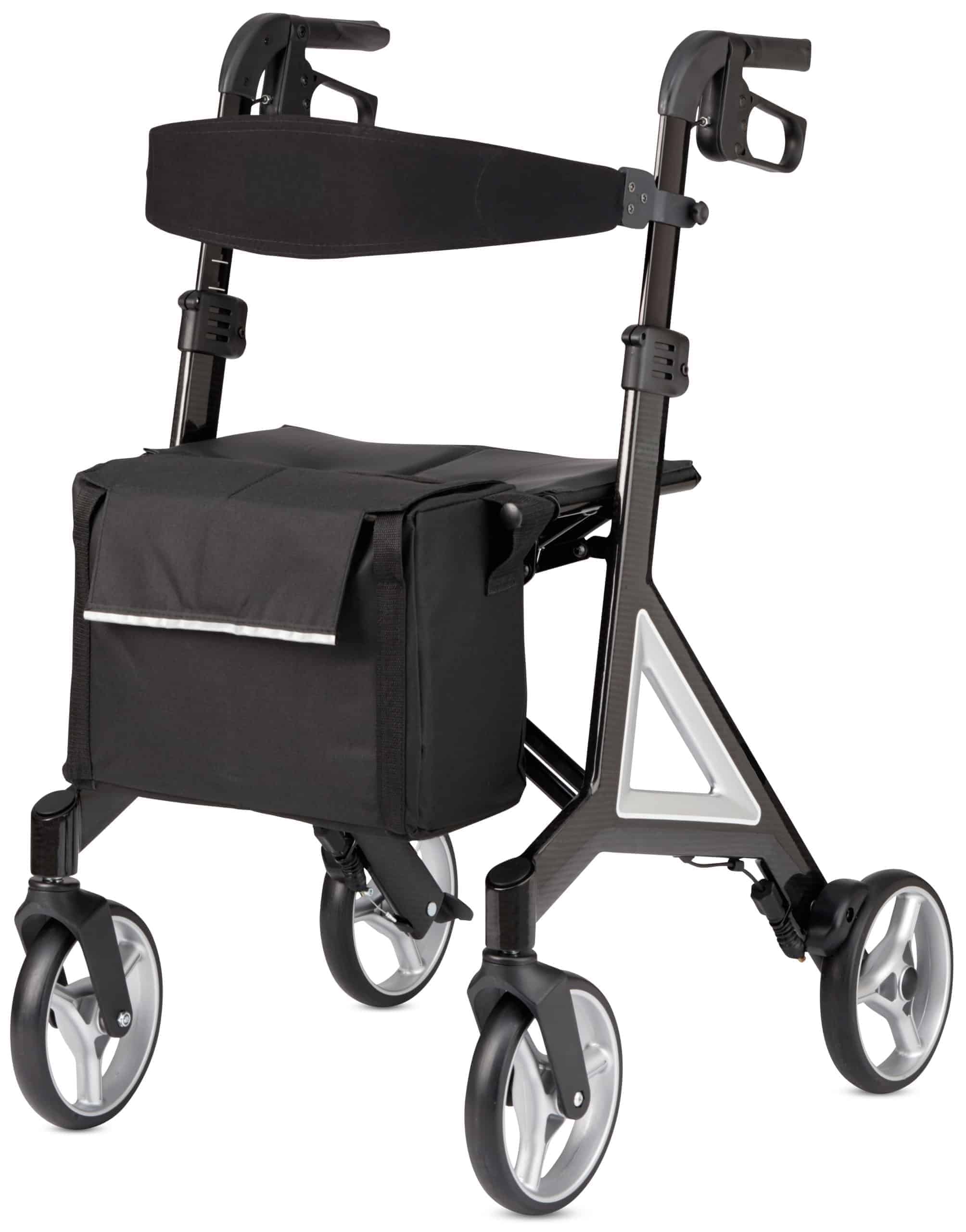 a walker with wheels and a bag on it.