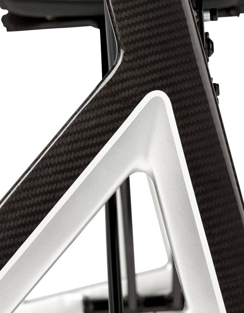 a close up of a bike frame with a white background.