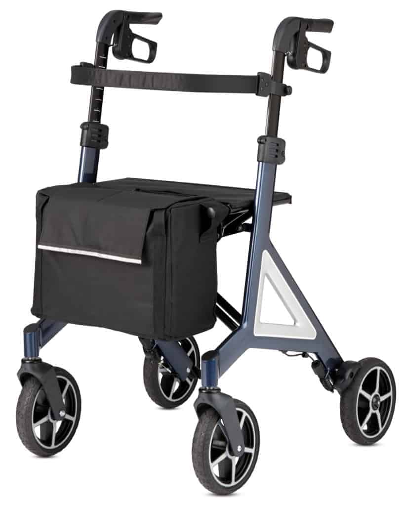 a walker with wheels and a bag on it.