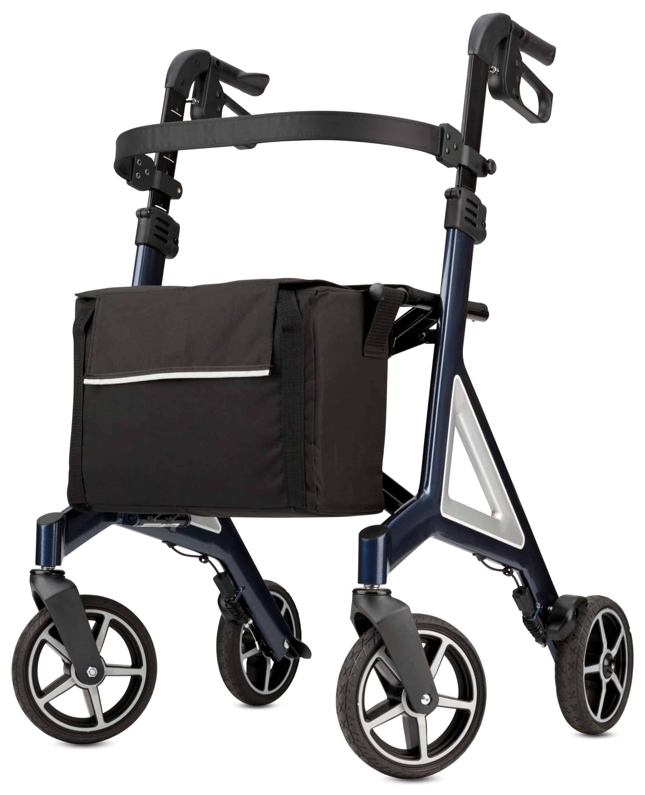 a walker with wheels and a bag on it.