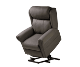 a grey reclining chair with a black base.