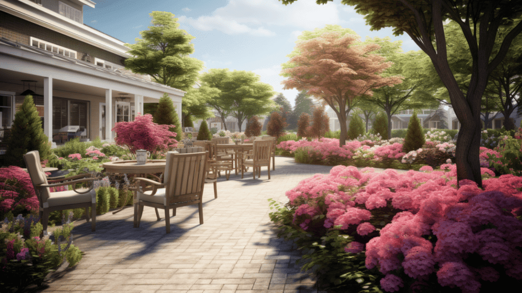 A 3d rendering of a garden with pink flowers.