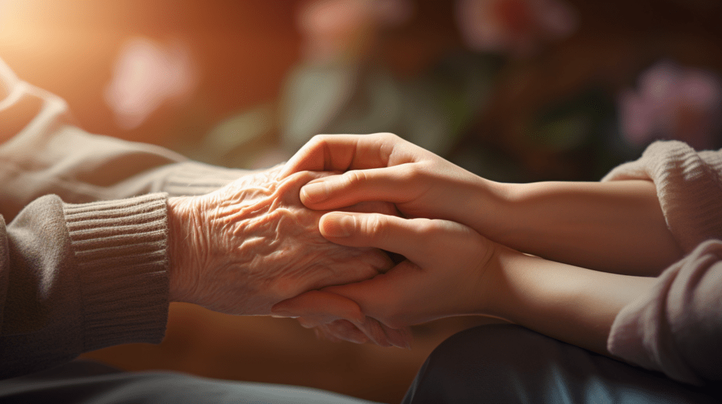 A woman holding an elderly person's hand.