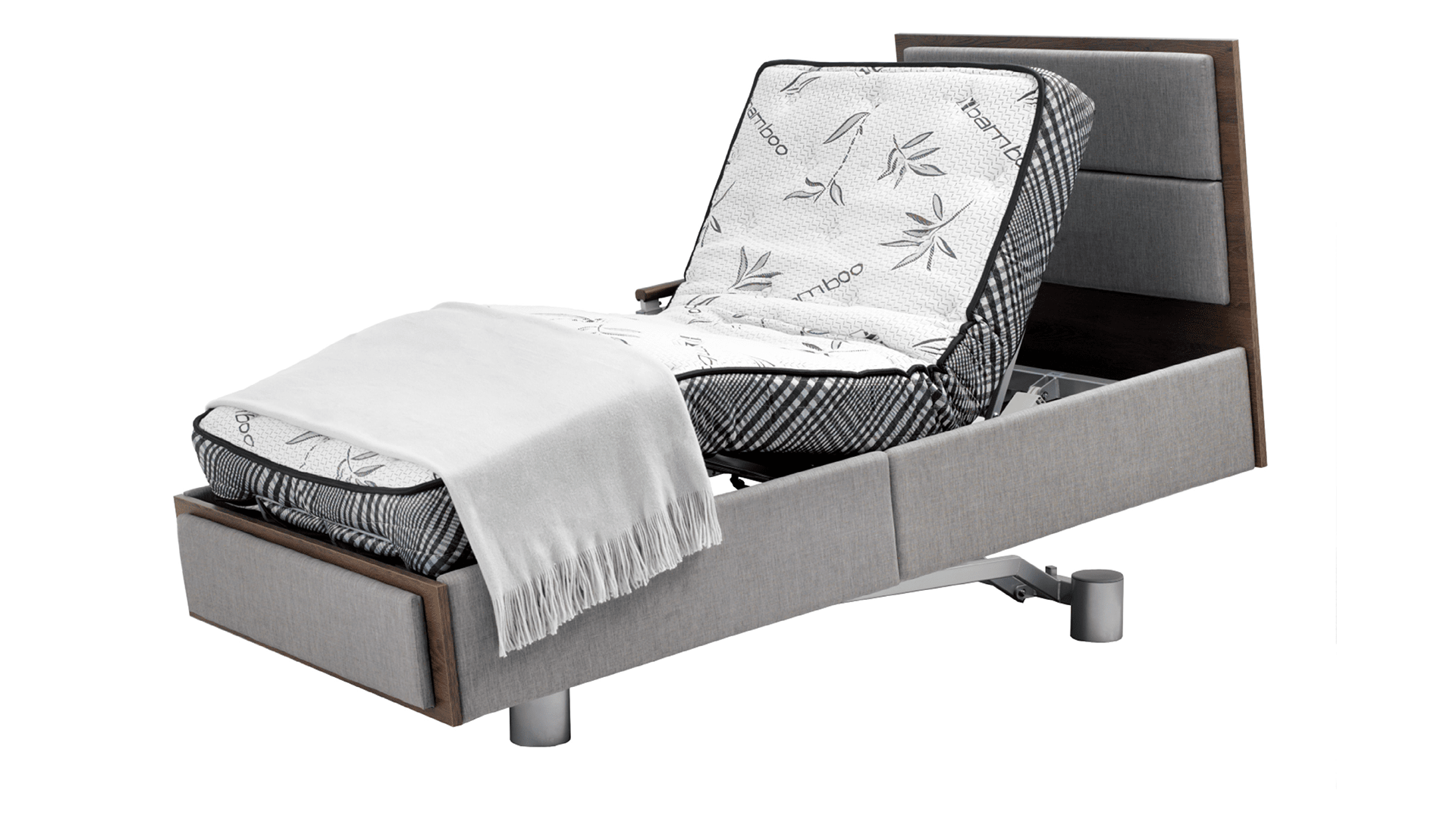 A modern motorized adjustable AuraPLAT39 bed with a patterned mattress and a gray throw blanket, set against a white background.