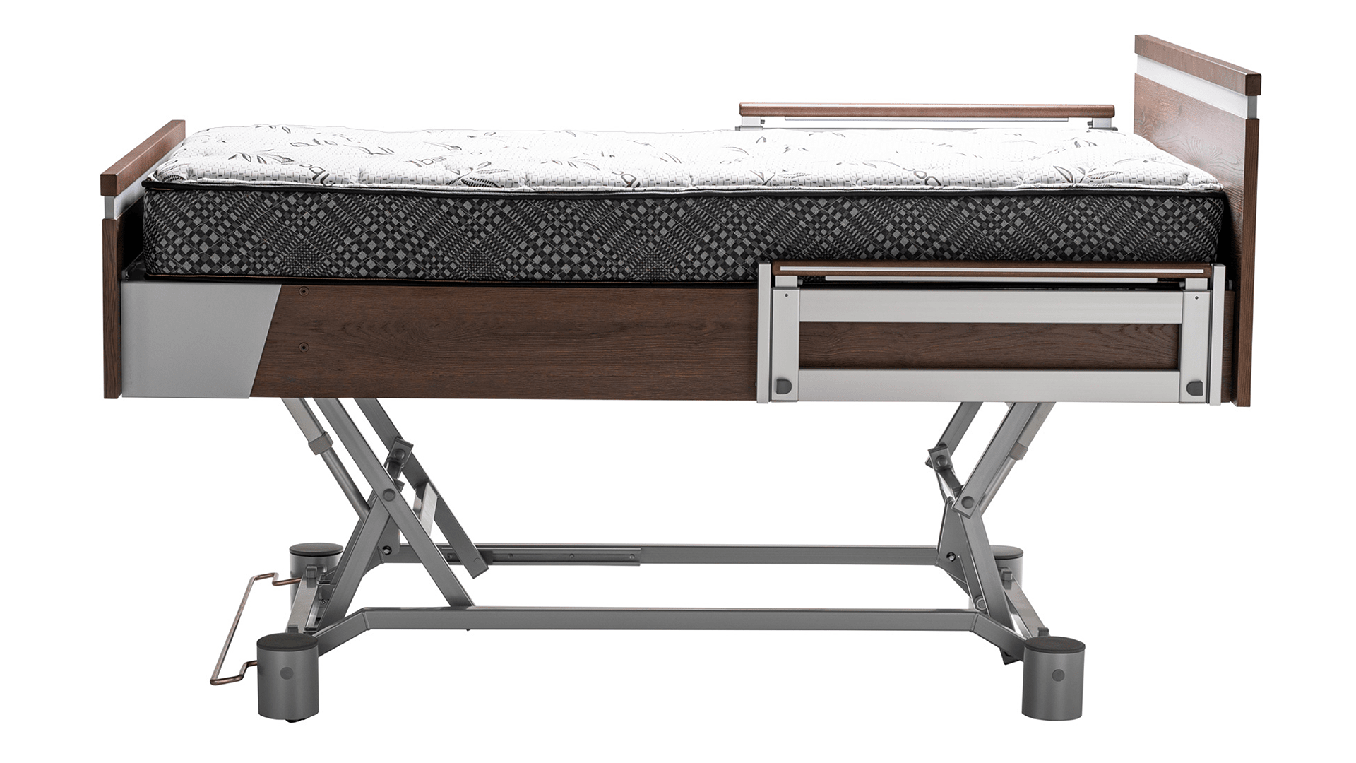 Hospital bed with adjustable side rails and drawers, showcasing its mechanics and structure on a white background.