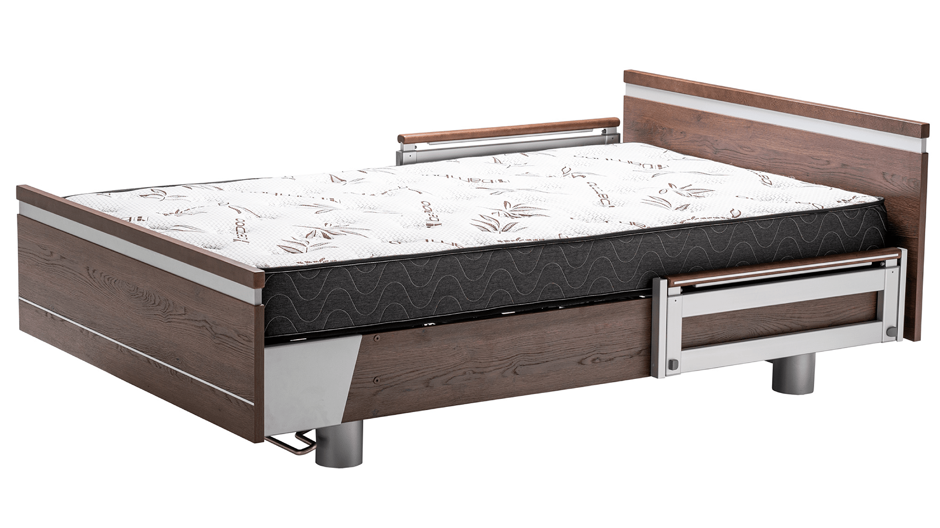 Modern wooden bed with a patterned mattress, featuring built-in storage drawers and metallic handles, isolated on a white background.