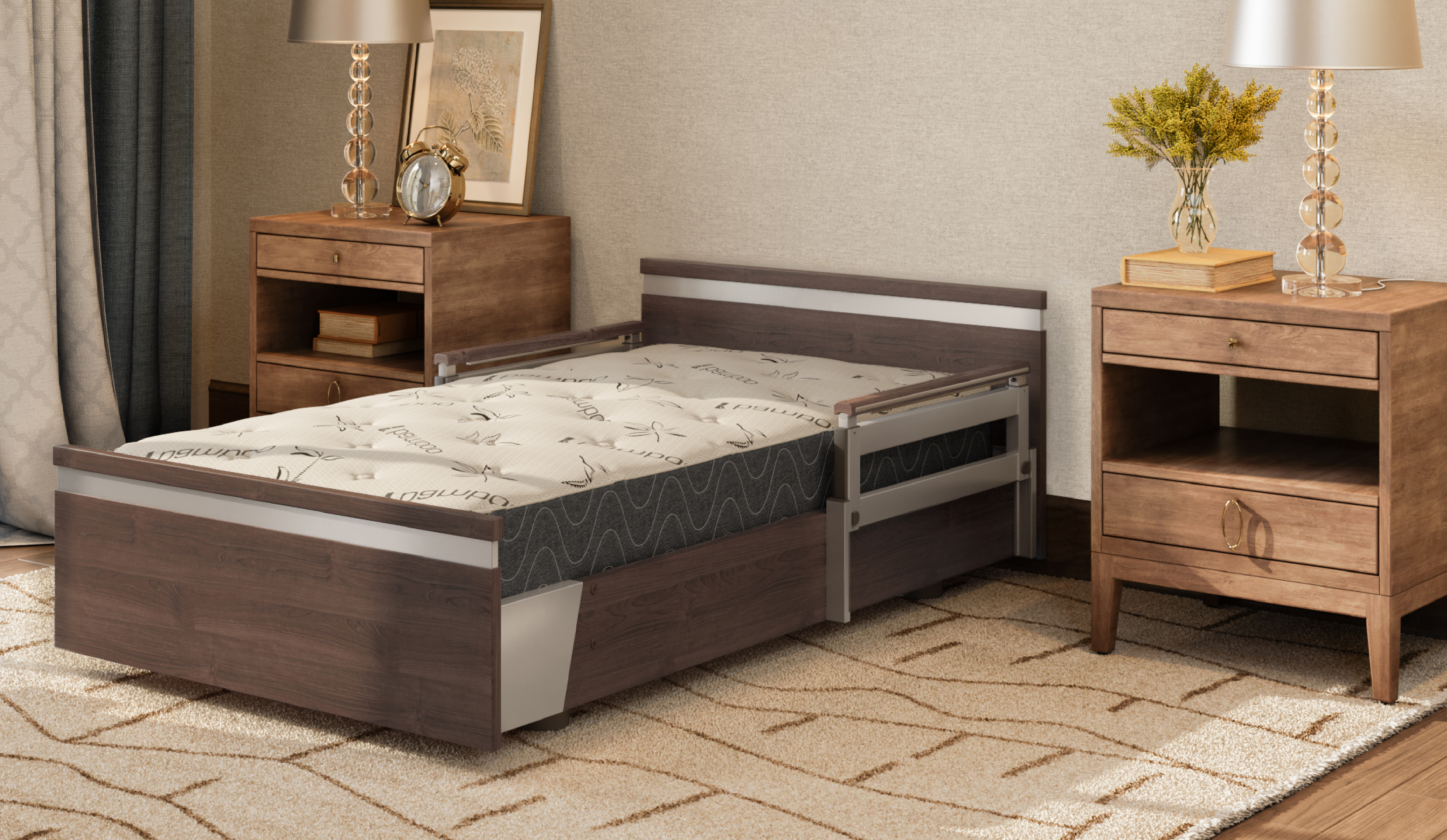 Modern bedroom interior featuring a hospital bed with decorative bedding, two matching nightstands, and elegant table lamps on a patterned carpet.