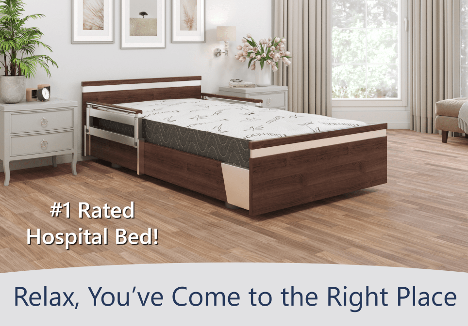 Modern hospital bed in a home setting with promotional text: "#1 rated SonderCare home hospital beds! Relax, you've come to the right place.