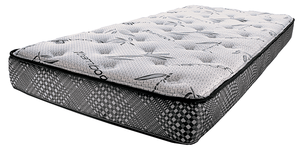 A single mattress with a patterned grey and white fabric cover, featuring a slightly quilted surface and black piping along the edges, ideal for hospital beds.