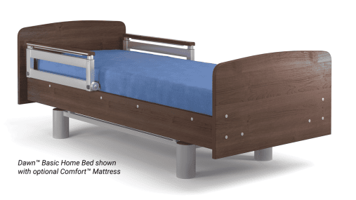 Hospital bed with wooden headboard and footboard, metal side rails, and a blue mattress. The image contains text that reads: “Dawn™ Basic Home Bed shown with optional Comfort™ Mattress.” This hospital bed setup is perfect for any home in the USA's bustling city life.