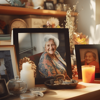 A photo of a woman sitting on a table next to a personalized vase.