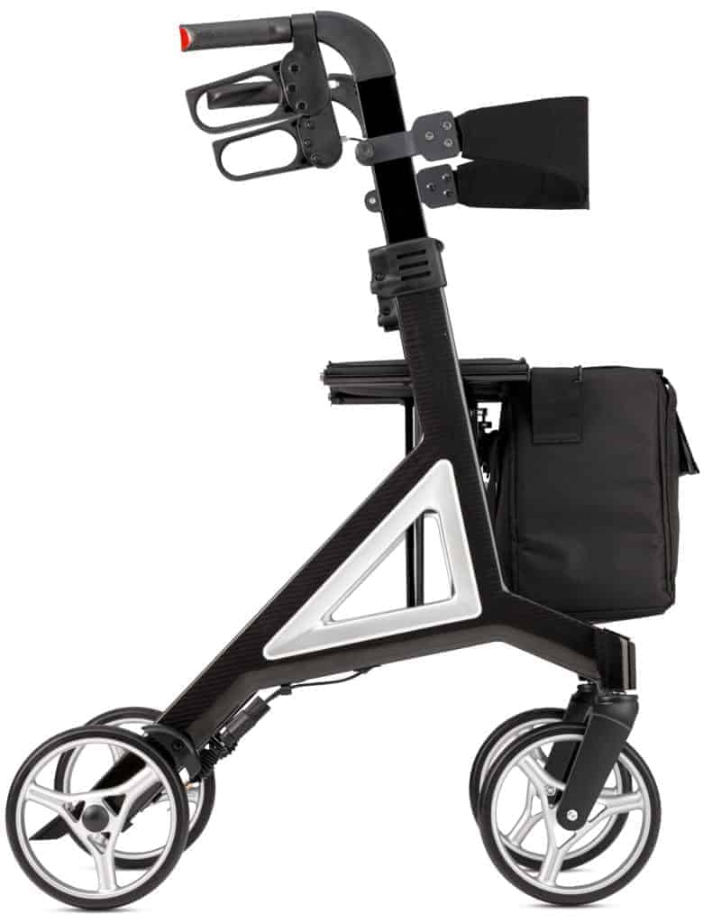 a black and silver scooter with a bag on the back.