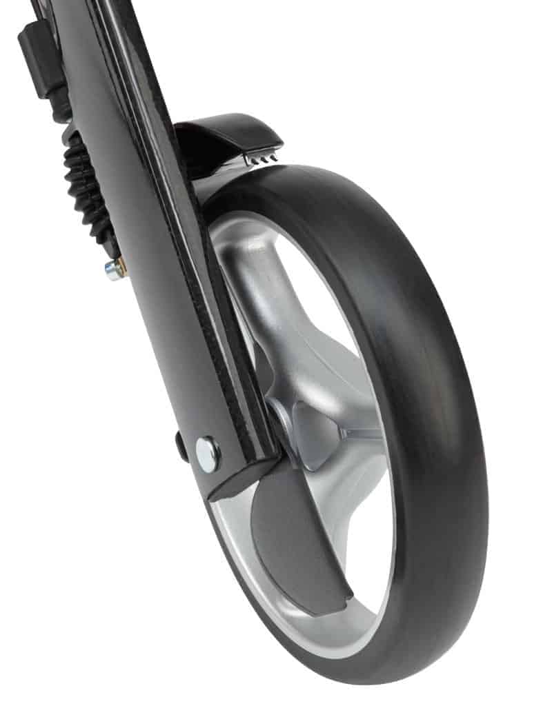 a close up of a black wheel on a white background.