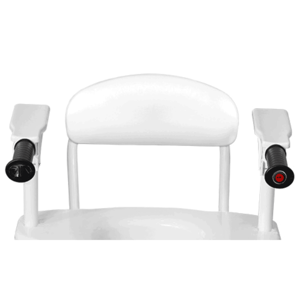 a white chair with two black wheels on it.