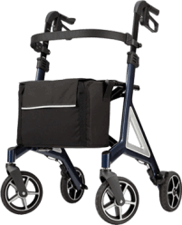 A blue walker with wheels and a black bag.