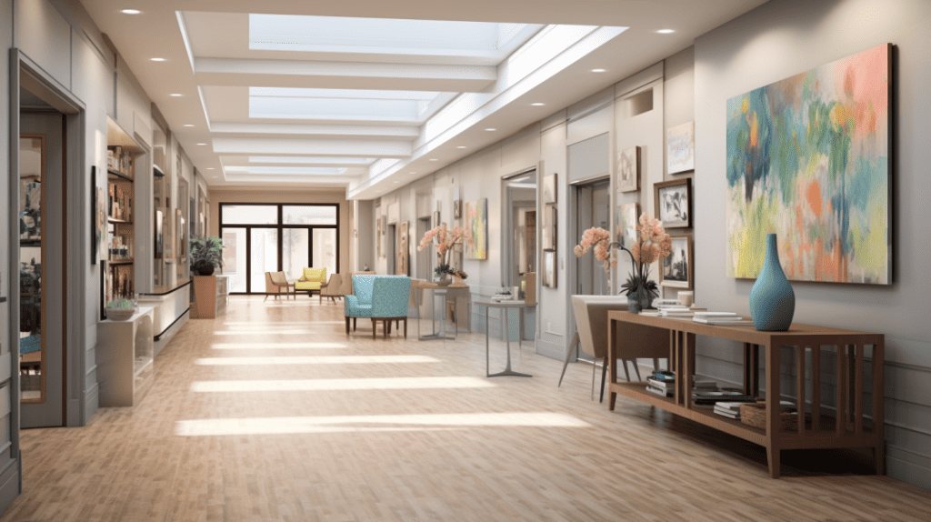 3d rendering of a hallway in a residential building.