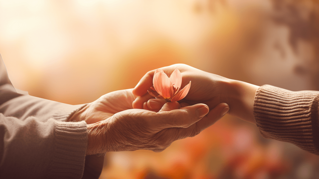 An elderly woman is holding a flower in her hand.