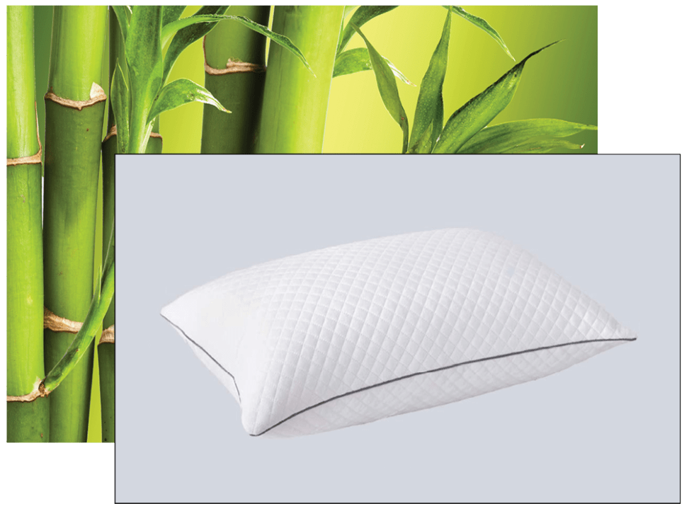 Bamboo stems in the background with an image of a white pillow in the foreground, suggesting a bamboo-infused or eco-friendly pillow product, ideal for a single product Elementor page.