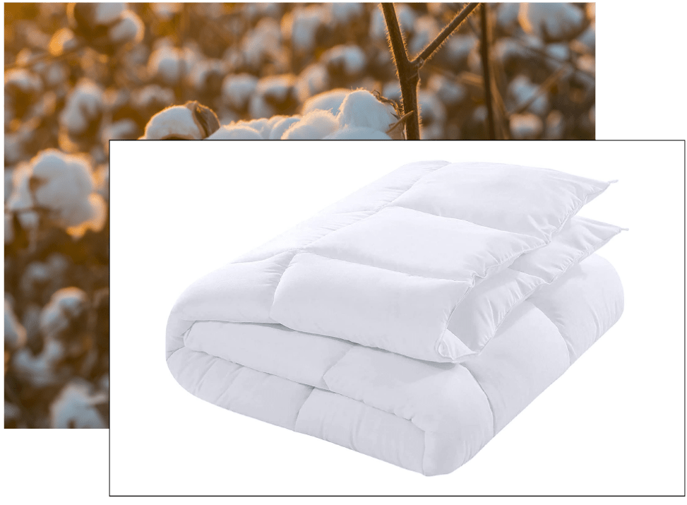 Stacked white comforters superimposed on a cotton field background, showcased as a single product in Elementor #15395.