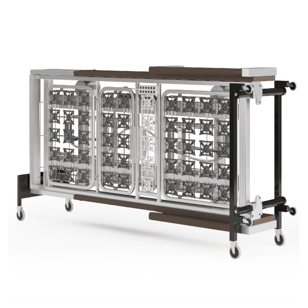 Modular buffet station on wheels with transparent food display compartments, featuring Elementor.