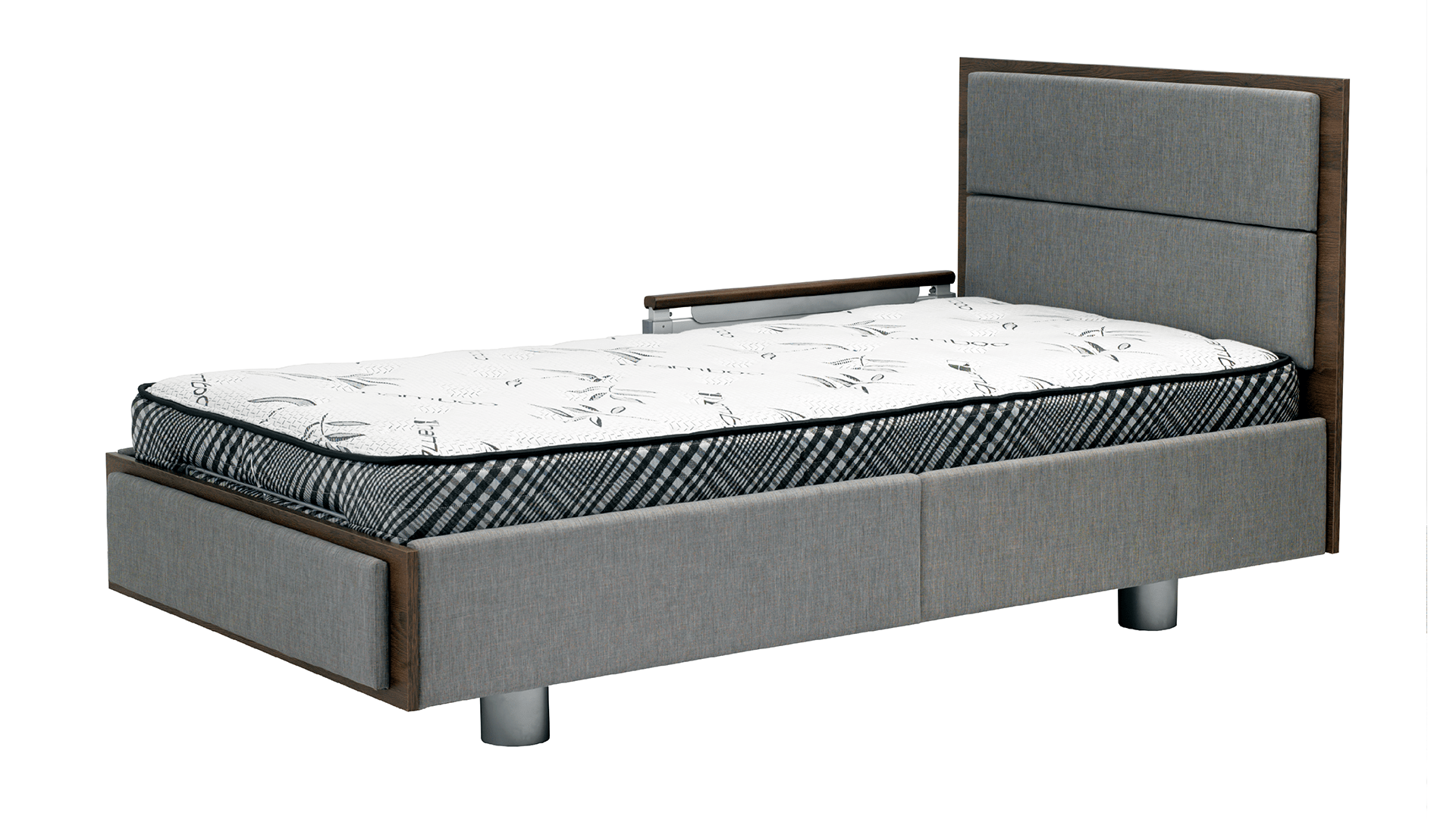 Modern single bed with a patterned mattress, gray upholstered frame and headboard, featuring a side storage drawer and metal legs, isolated on a white background.