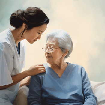 A nurse is implementing effective strategies for dealing with an elderly woman with dementia on a bed.