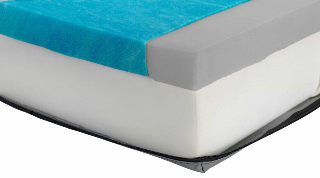 a close up of a mattress with a blue cover.